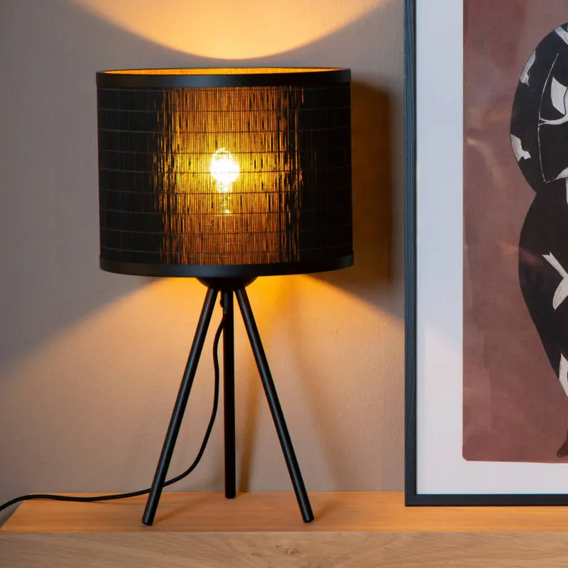 Lampa stołowa Tagalog z bambusa, czarna, trójnóg