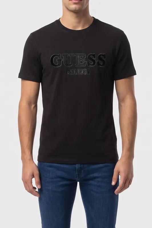 GUESS Ss Cn Sprayed Flock Jet Black A996 Maat: L | Basic T-Shirts Outlet | Heren | Zwart