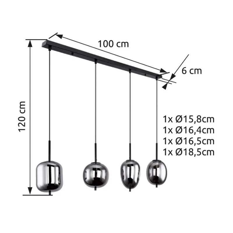 Lampa żyrandol Blacky, czarny/dymny szary, długość 110 cm, 4-punktowa.
