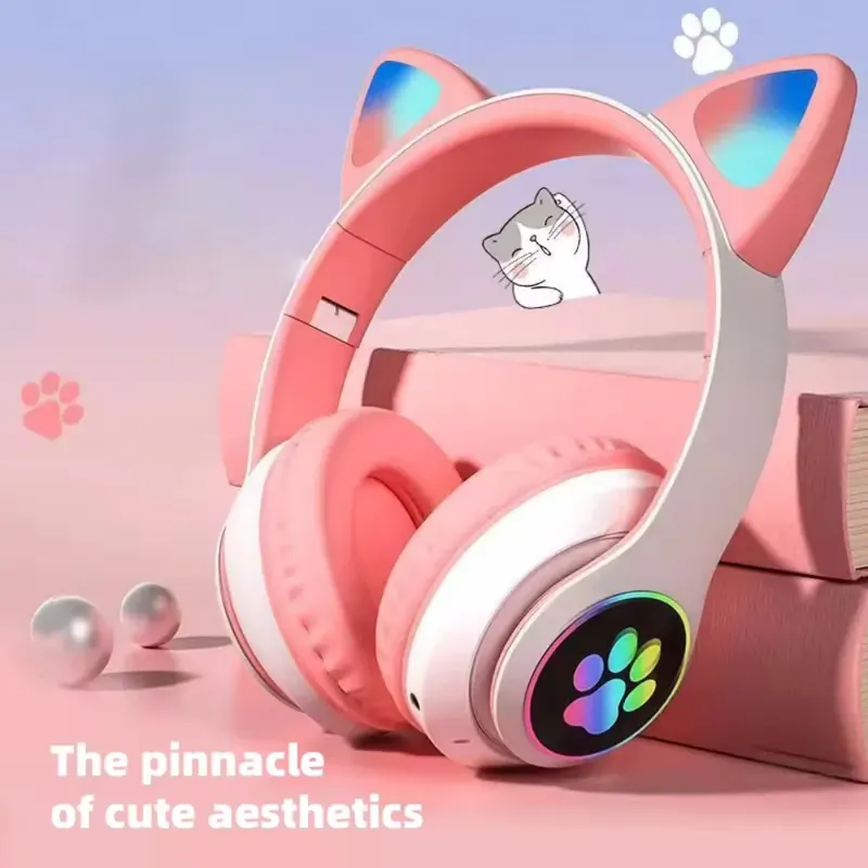 Urocze słuchawki Bluetooth z kocimi uszkami, bezprzewodowe słuchawki LED dla dzieci i dziewcząt, składane słuchawki sportowe stereo z mikrofonem.