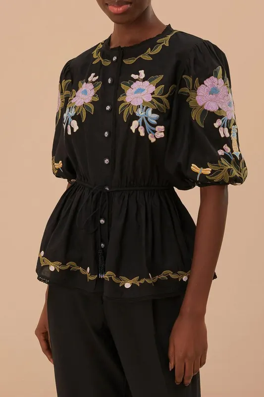 FARM Rio Winter Garden Embroidered Short Sleeve Blouse Maat: XL | Blouses Outlet | Dames | Zwart