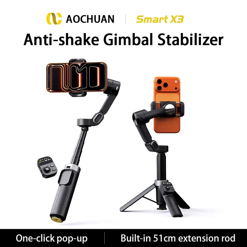 Nowy stabilizator ręczny AOCHUAN Smart X3 z 2025 roku, składany, typu bounce, z odłączanym pilotem do iPhone'a 12-17 i Androida.