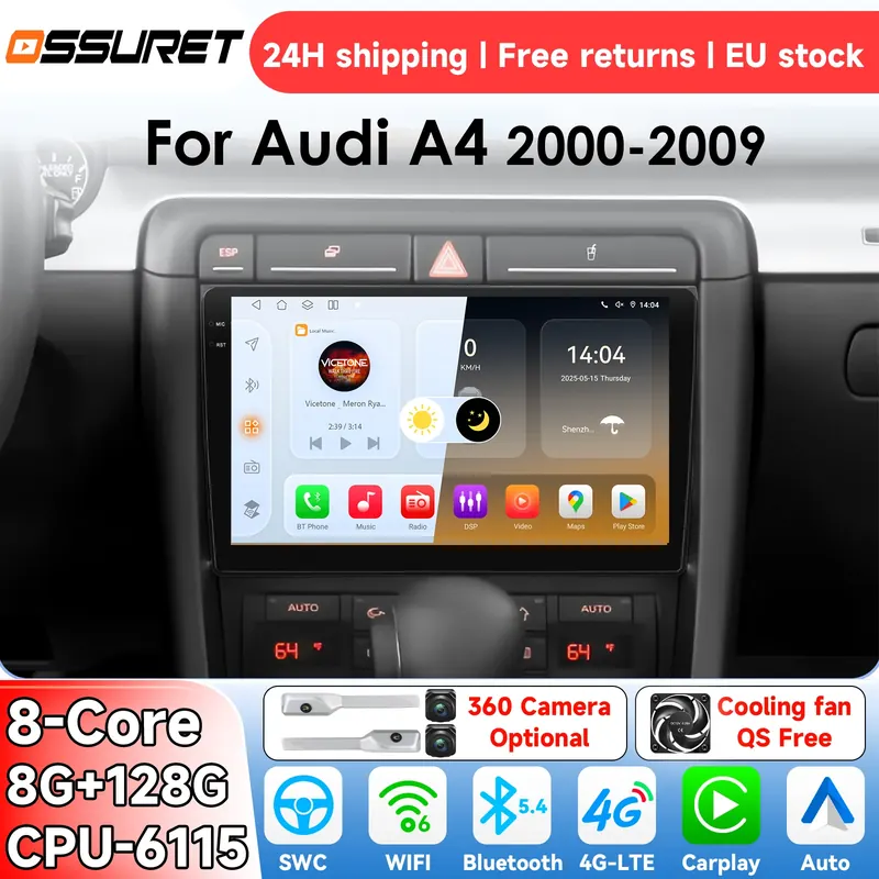 OSSURET Android14 Radio samochodowe do Audi A4 2000-2009 S4 B6 B7 RS4 Seat Exeo RS4 Inteligentny system CarPlay samochodowy multimedialny odtwarzacz wideo GPS 4G 6115