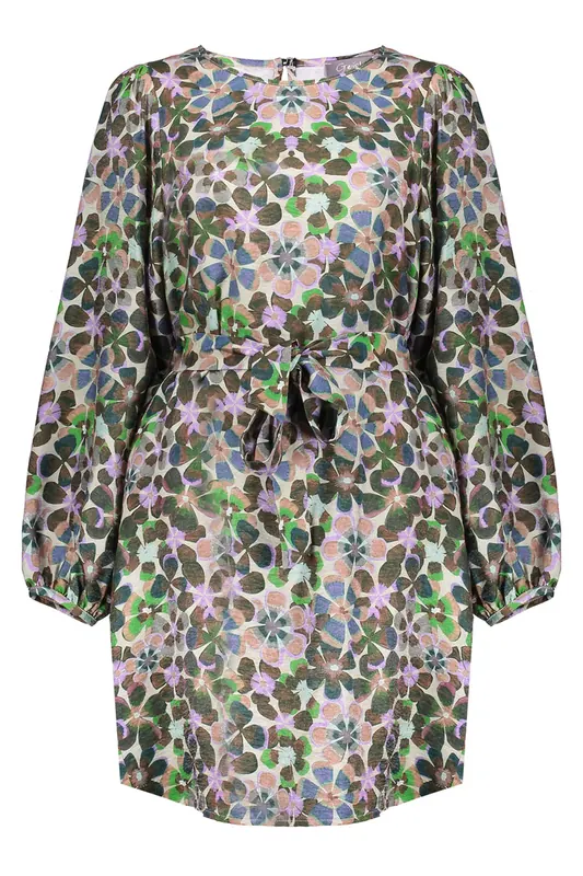 Geisha Dress Flowers Green/lila Maat: XS | Mini Jurken Outlet | Dames | Groen