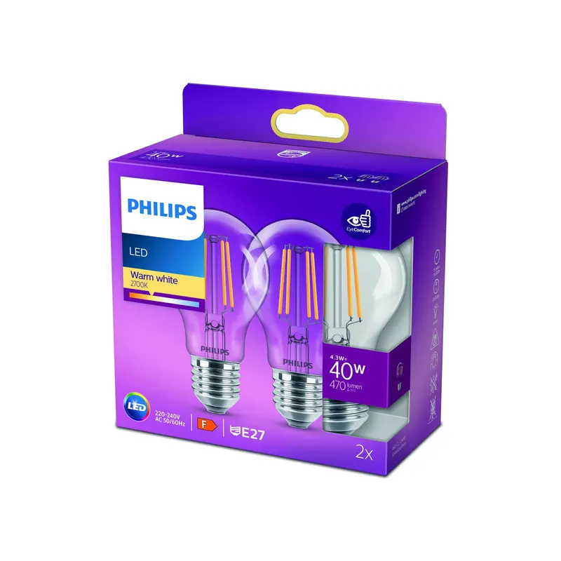 Philips żarówka LED E27 4,3W 2 700 K filament 2szt