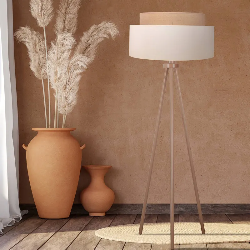 Lampa stojąca Boho, beżowo-brązowo-drewniana, tkanina/drewno, 140 cm
