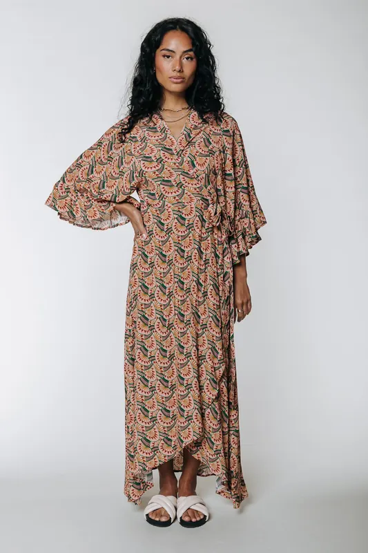 Colourful Rebel Alice Graphic Fan Maxi Wrap Dress Vintage Pink Maat: XS | Maxi Jurken Outlet | Dames | Roze