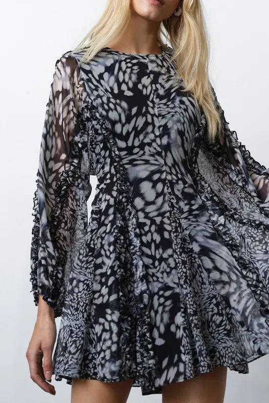 French Connection Emina Chiffon Allegra L/s Dres Charcoal Multi Maat: 14 | Mini Jurken Outlet | Dames | Grijs