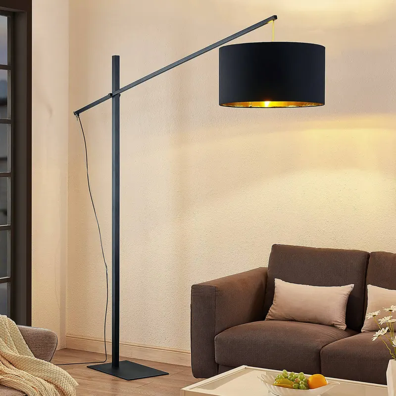 Łukowa lampa podłogowa Arcchio Mossa, 200 cm, czarno-złoty, tekstylny
