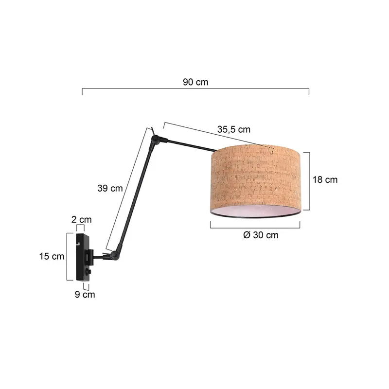 Lampa ścienna Prestige Chic czarna/brązowa, wysięg 90 cm, korek