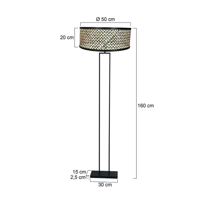 Lampa stojąca Stang, czarna / czarny abażur z plecionki / drewno