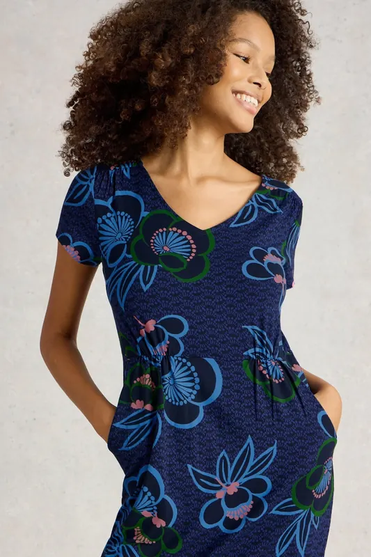 White Stuff Tallie Jersey Dress Blue Print Maat: 6 REGULAR | Midi Jurken Outlet | Dames | Blauw