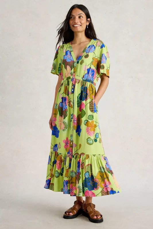 White Stuff Phoebe Midi Dress Green Multi Maat: 8 REGULAR | Midi Jurken Outlet | Dames | Groen