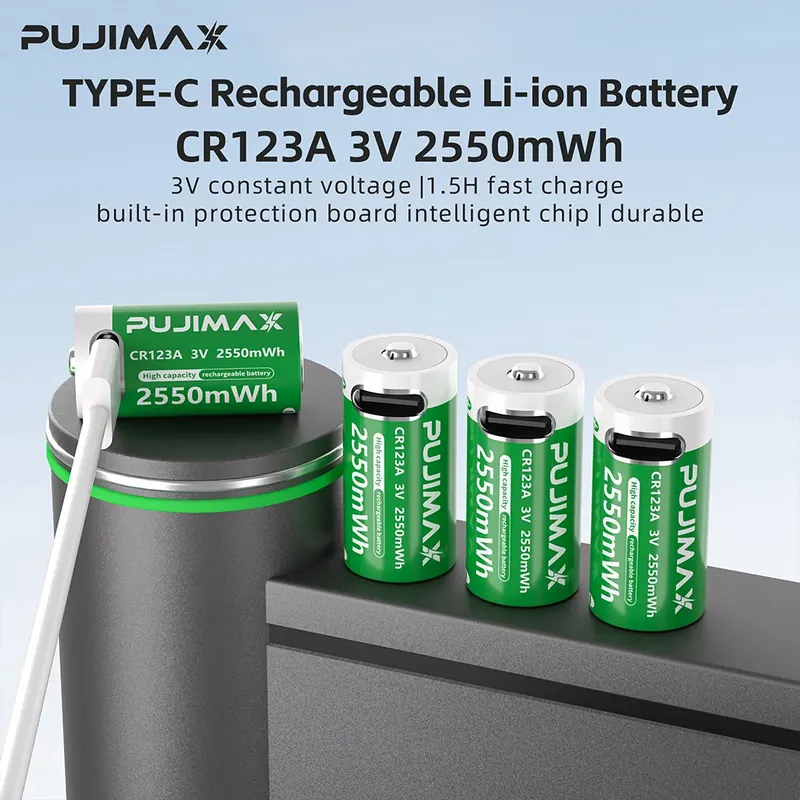 Baterie PUJIMAX CR123A z kablem USB-C do szybkiego ładowania - ogniwa litowo-jonowe o wysokiej pojemności 2550 mWh do latarków i aparatów