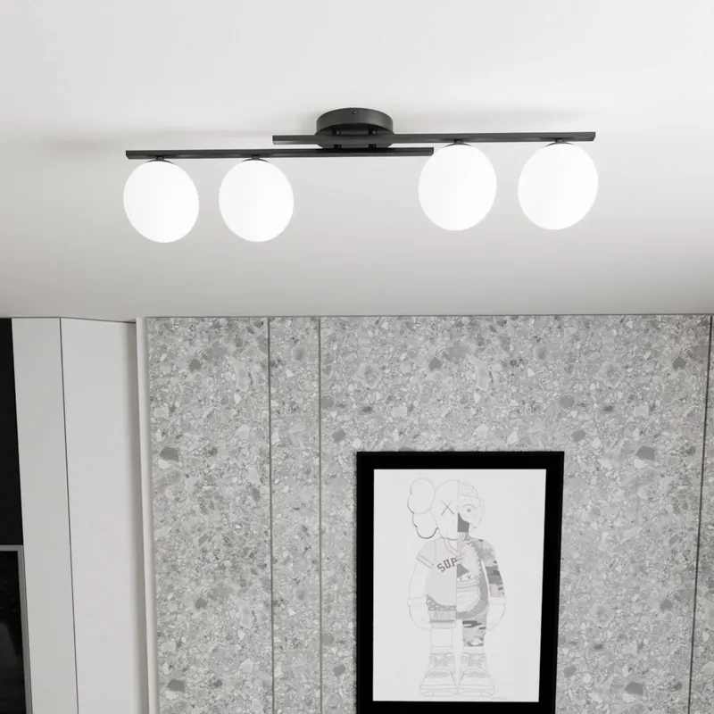 Lampa sufitowa Kairo, czarna/opalowa, długość 87 cm, 4-punktowa.