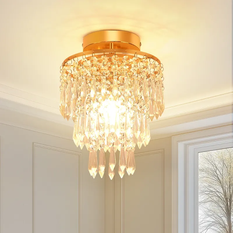 Nowoczesna kryształowa lampa sufitowa z gwintem E14, złota lampa sufitowa, stalowe lampy sufitowe LED w stylu art deco do salonu, sypialni, przedpokoju