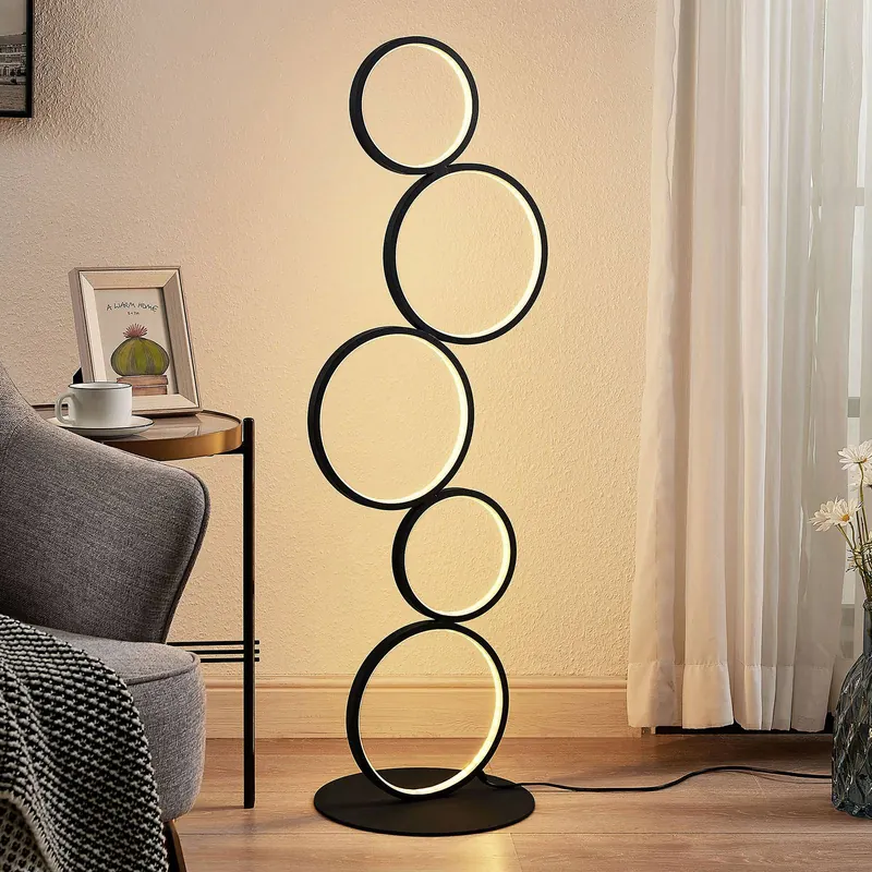 Lampa stojąca LED Lindby Jacek, czarny, metal, 110 cm, pierścienie