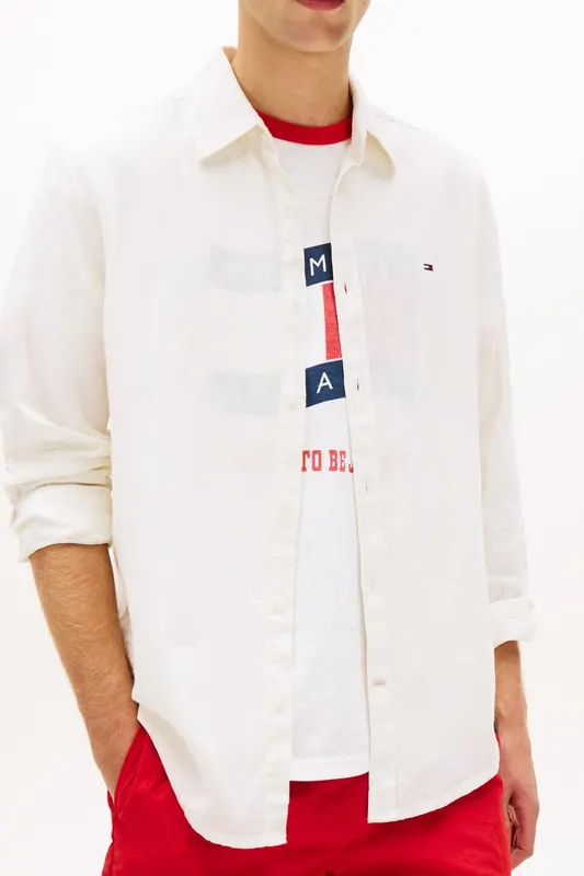 Tommy Hilfiger Tjm Regular Linen Blend Shirt Ecru Maat: XXL | Casual Overhemden Outlet | Heren | Wit
