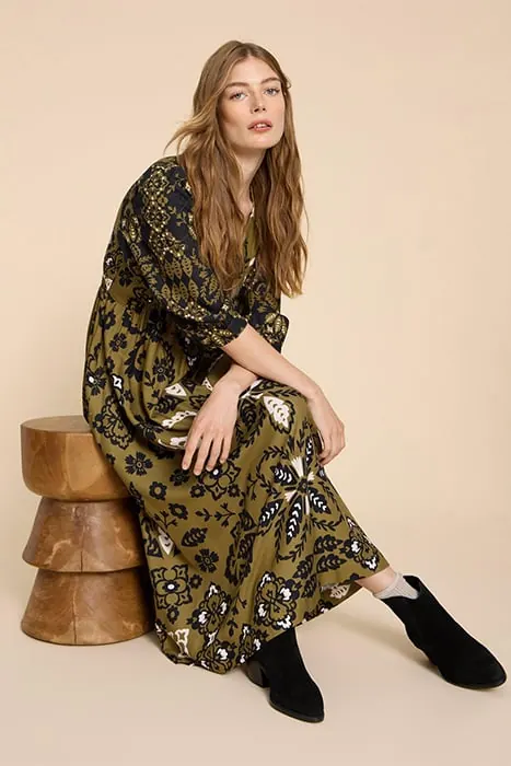 White Stuff Lucy Eco Vero Mini Dress Green Printed Maat: 6 REGULAR | Midi Jurken Outlet | Dames | Bruin