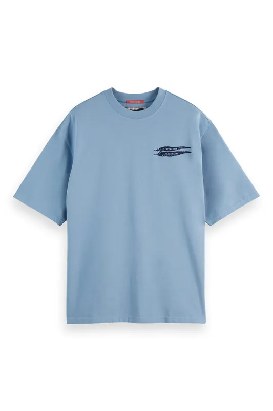 Scotch & Soda Loose-fit Artwork T-shirt Faded Denim Maat: XXL | T-shirts met Print Outlet | Heren | Blauw