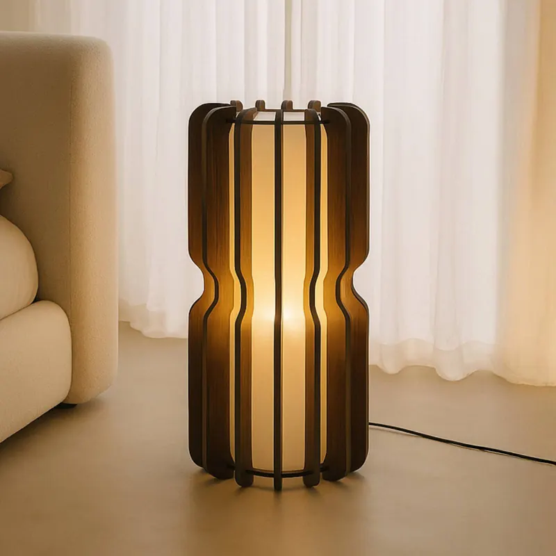 Lucande Lampa stojąca Juneta, 75 cm, brązowa, drewno, tkanina