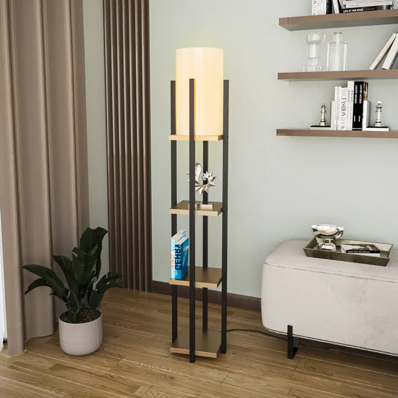 Lampa podłogowa 8115, czarna/złota/biała, metal/płótno, wysokość 130 cm