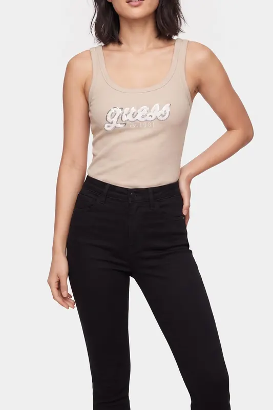 GUESS Chenille Logo Tank T Cemento Maat: XS | Mouwloze Tops Outlet | Dames | Beige