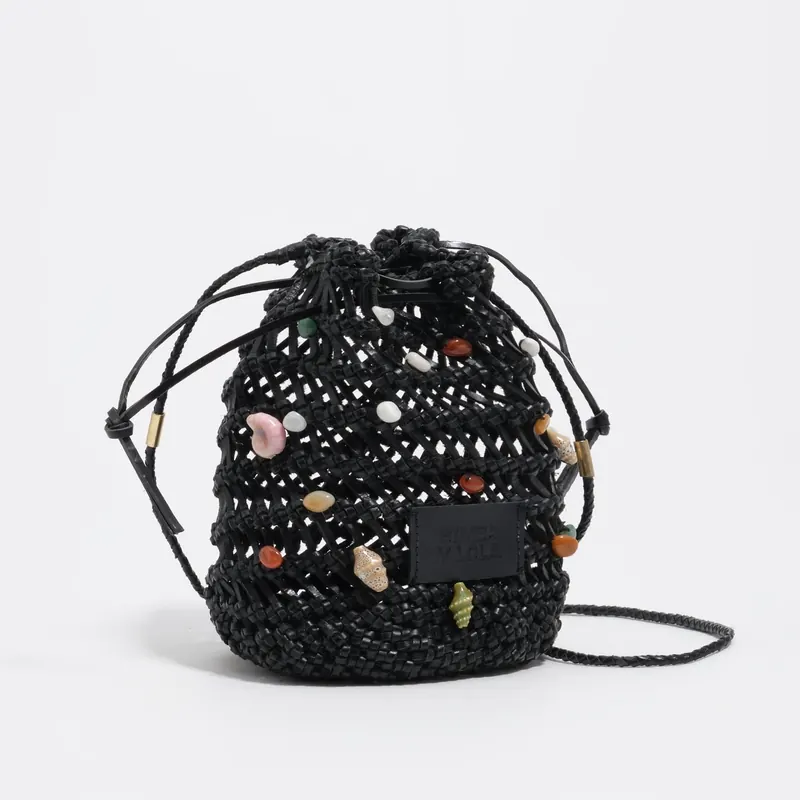 Torebka bucket mini pleciona skóra czarna