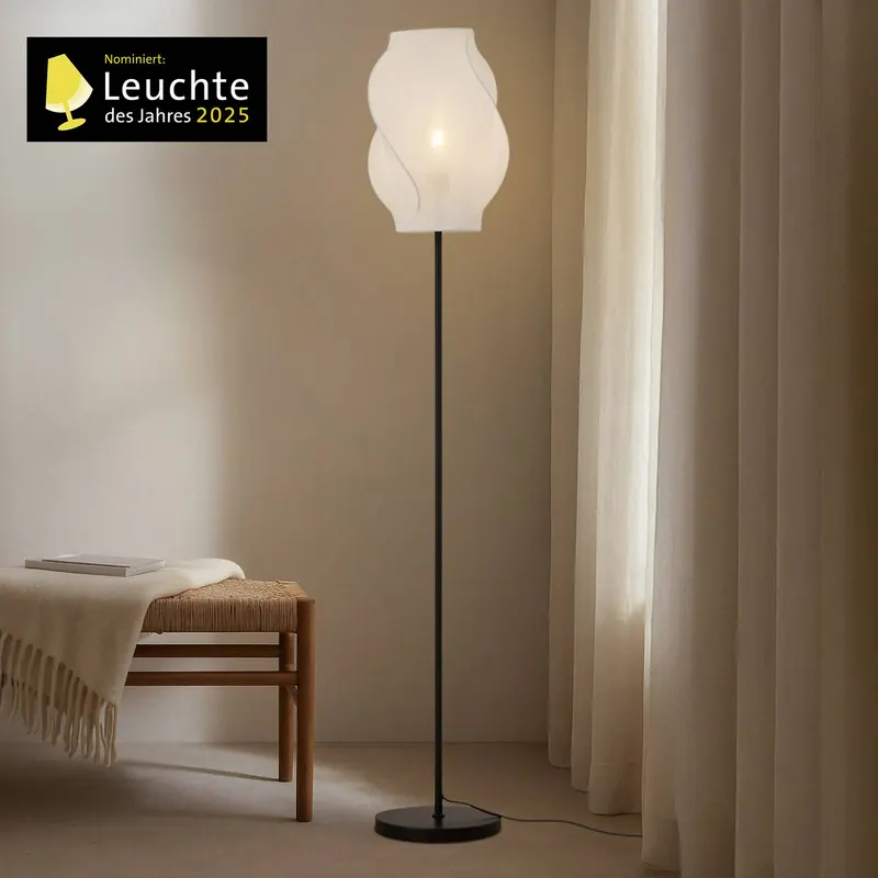 Lucande Lampa stojąca Tovina, tekstylna, biała, wysokość 165 cm