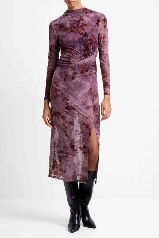 French Connection Kenny Mesh L/s Dress Multi Maat: XL | Midi Jurken Outlet | Dames | Paars