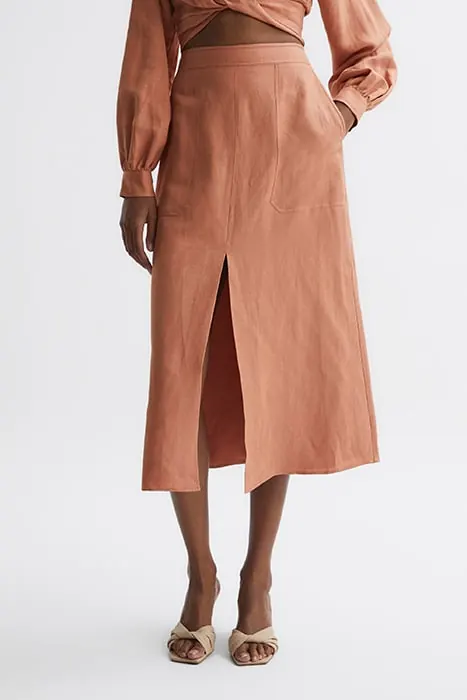Reiss Axelle Linen Midi Skirt — Rust Maat: 10 | Midi Rokken Outlet | Dames | Beige