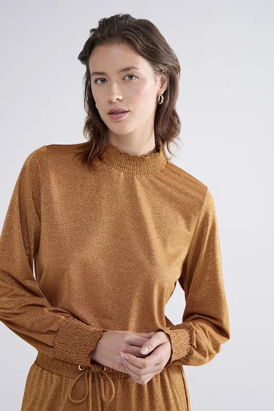 Summum Woman Smocked Top Fine Lurex Jersey Camel Brown Maat: S | Longsleeves Outlet | Dames | Bruin