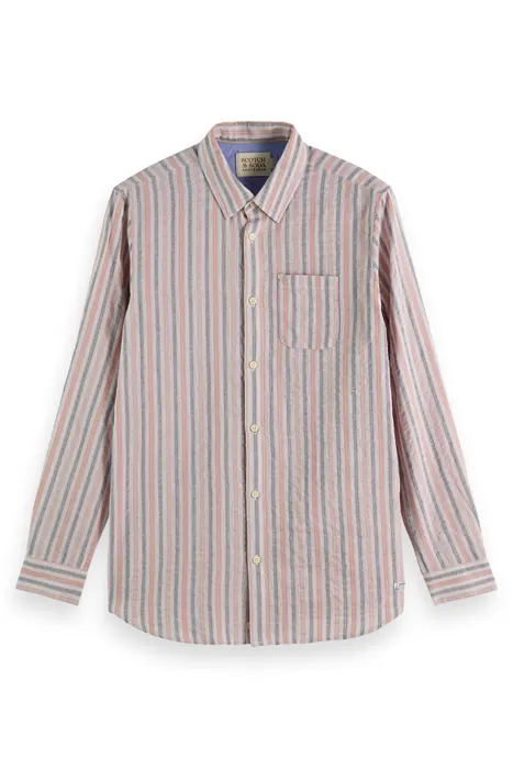 Scotch & Soda Lightweight Dobby Stripe Shirt Pink Grey Stripe Maat: M | Casual Overhemden Outlet | Heren | Roze