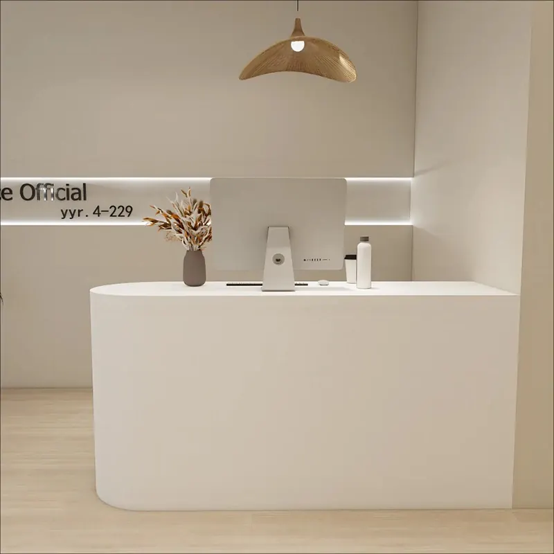 Personalizowana, unikalna recepcja w nowoczesnym stylu nordyckim, eleganckie lady recepcyjne, oszczędzające miejsce, recepcja, meble biurowe.