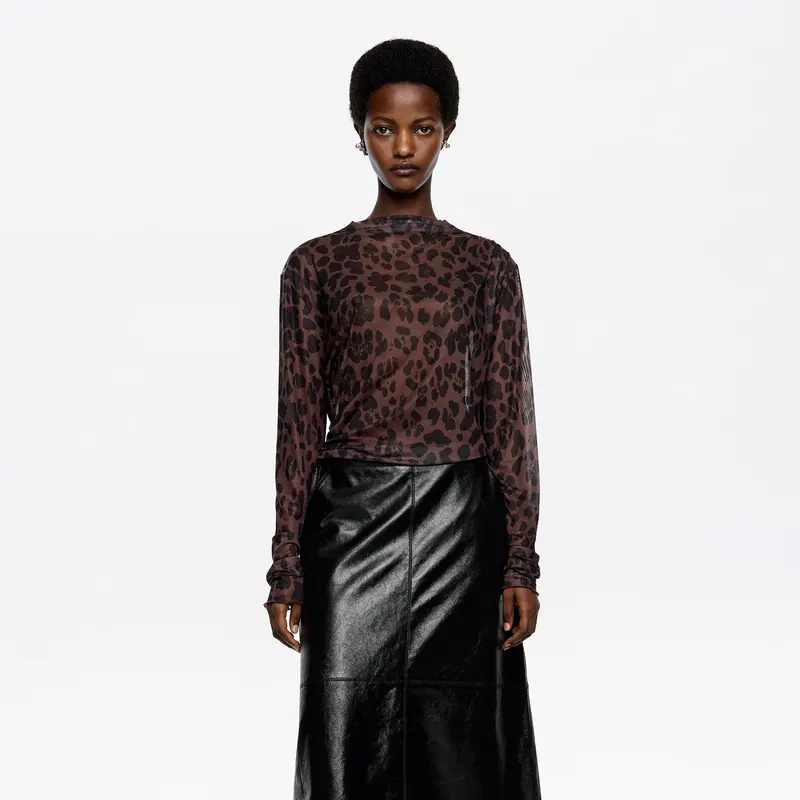 Ruched tulle T-shirt Leopard Big dark brown