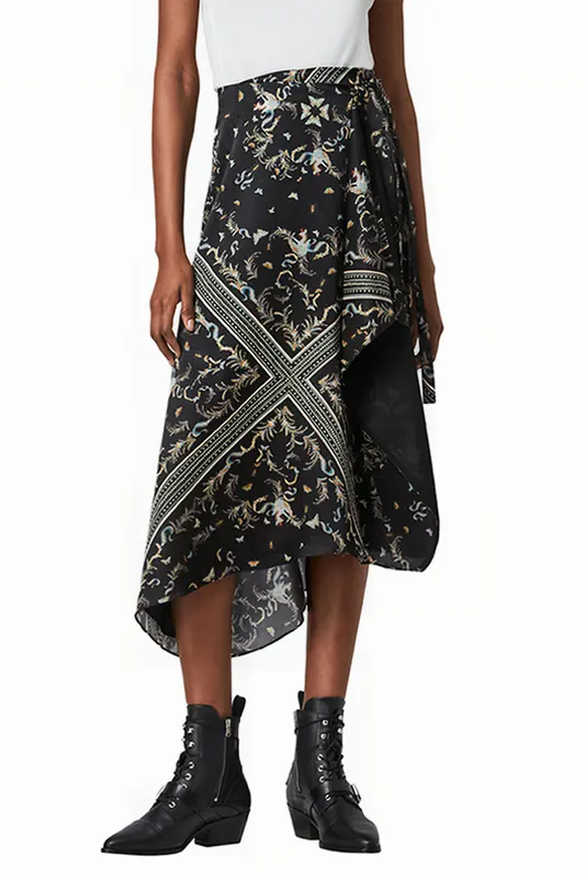 AllSaints Maia Assam Skirt Black Maat: 34 | Midi Rokken Outlet | Dames | Zwart