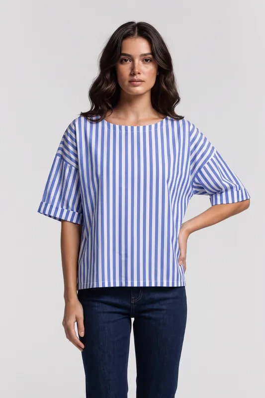 Rich & Royal Cotton Stripe Blouse Skyway Blue Maat: 42 | Blouses Outlet | Dames | Wit