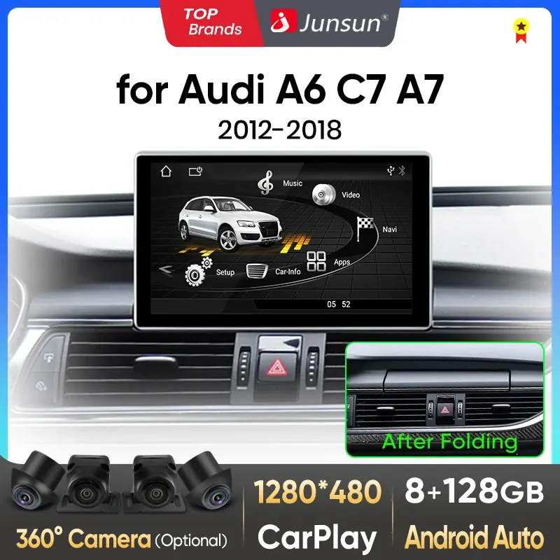 Junsun Składany Ekran Bezprzewodowy CarPlay Android Auto Radio Samochodowe Do Audi A6 C7 A7 2012-2018 Inteligentny System Stereo Nawigacja