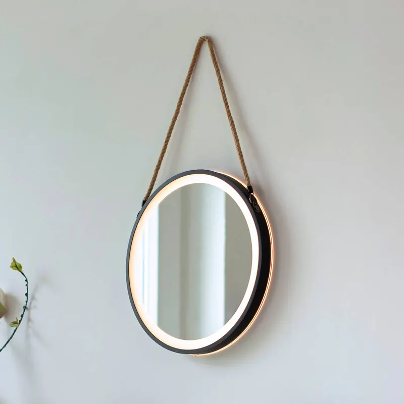 Lustro ścienne LED VIDRO, czarne, Ø 40 cm, powerbank, wiszące