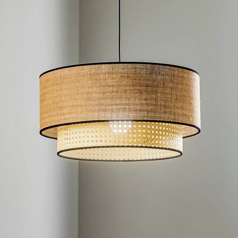 Żyrandol Boho, brązowo-drewniany, Ø 45 cm, tkanina/rattan