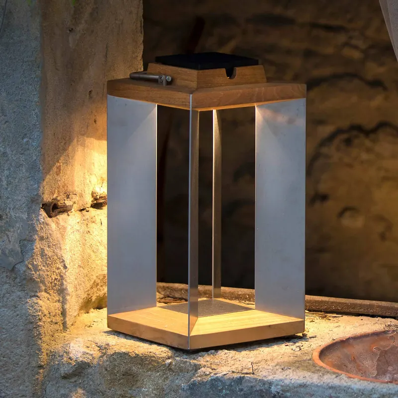 Latarnia solarna LED Teckinox, drewno tekowe/stal, 36,5 cm