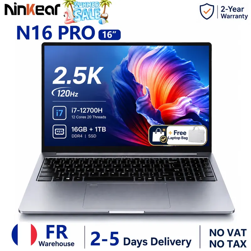 Laptop Ninkear N16 Pro Intel Core i7-12700H 16 Cali 2.5K IPS Ekran 120Hz 16GB DDR4 1TB SSD WiFi 6 Czytnik Linii Papilarnych Podświetlana Klawiatura PD 65W Szybkie Ładowanie Windows 11