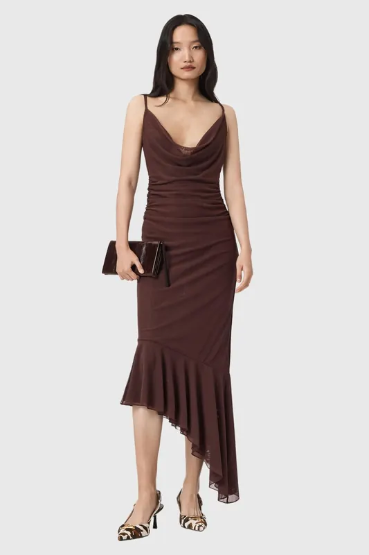 AllSaints Bea Mesh Midi Dress Bitter Brown Maat: 10 | Midi Jurken Outlet | Dames | Bruin
