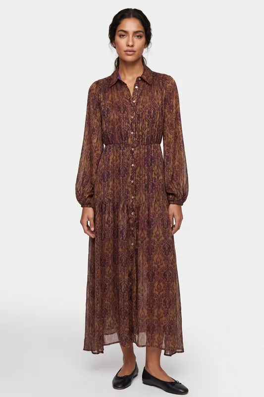 AMAYA Amsterdam Tessa Dress Multi Print Maat: M | Maxi Jurken Outlet | Dames | Bruin