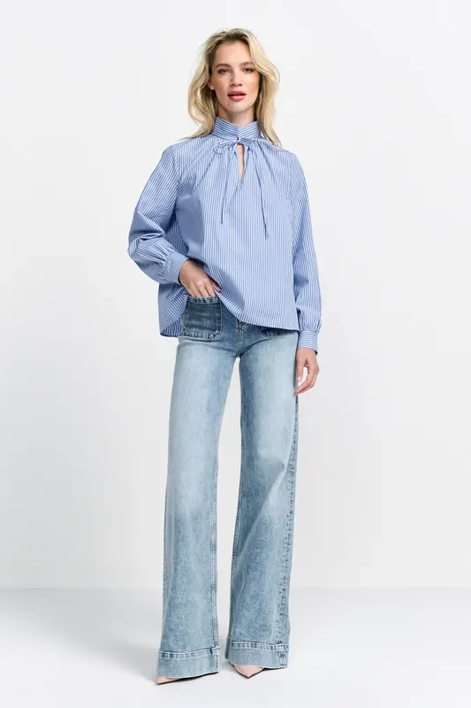 Rich & Royal Cotton Stripe Blouse Skyway Blue Maat: 38 | Longsleeves Outlet | Dames | Blauw