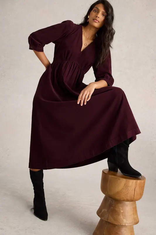 White Stuff Lucy Cord Dress Dark Plum Maat: 6 PETITE | Midi Jurken Outlet | Dames | Paars
