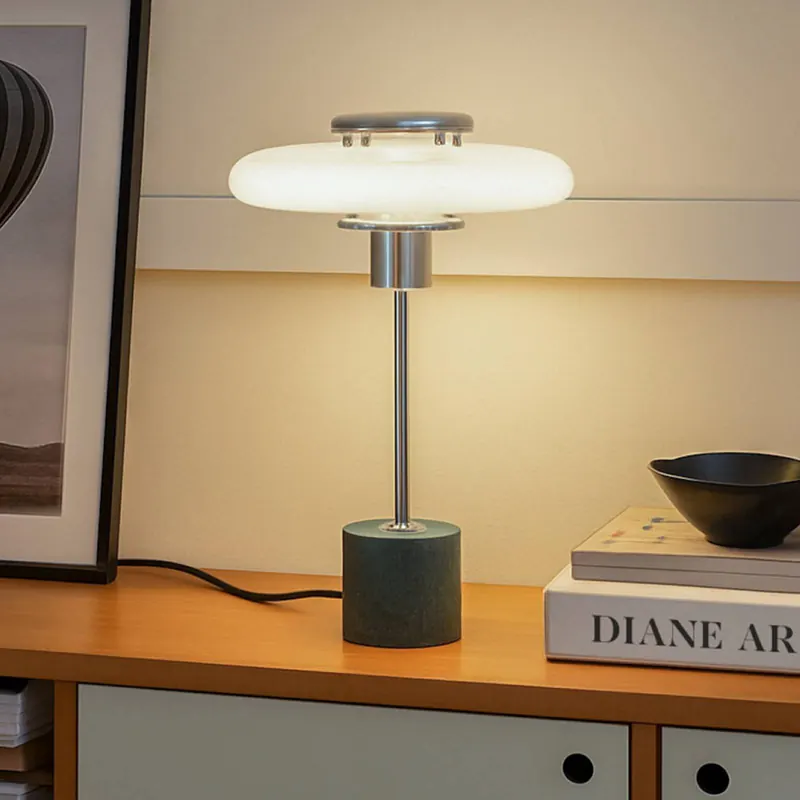 Lampa stołowa Lindby Branford, styl retro, biała/zielona opalizująca