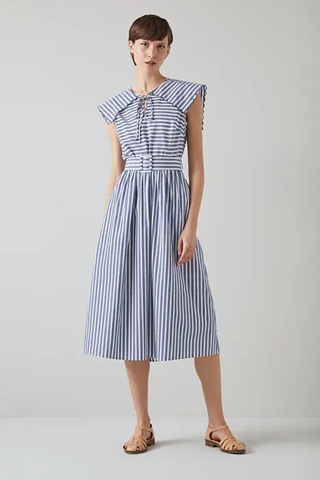 LK Bennett Beau Stripe Midi Dress Navy/cream Maat: 18 | Midi Jurken Outlet | Dames | Blauw
