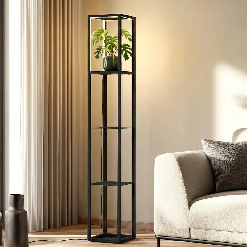 Lindby Lampa stojąca LED Birta, półka, 155 cm, czarna, metalowa