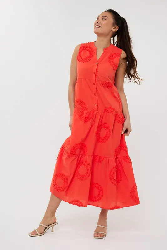 EsQualo Dress Slv/lss 3d Circled Embroidery Red Orange Maat: 36 | Maxi Jurken Outlet | Dames | Oranje